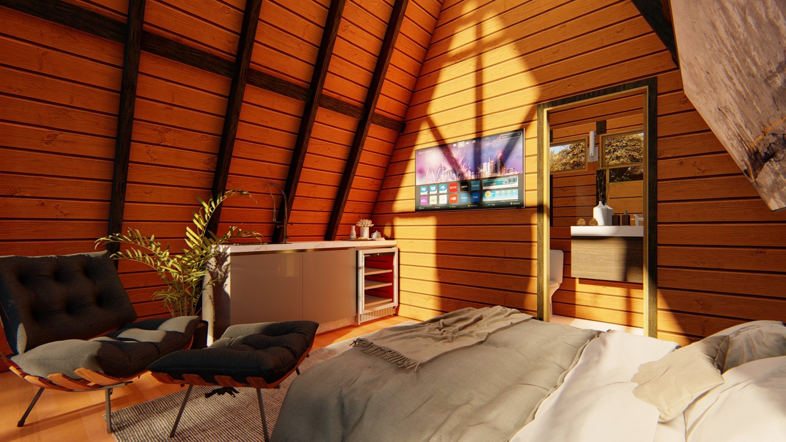 Chalé A-Frame 5 de 37,10m² — Interior com visão da cama para o banheiro Chalé A-Frame 5 de 37,10m² pré-fabricado em madeira pinus autoclave — interior com visão da cama para o banheiro