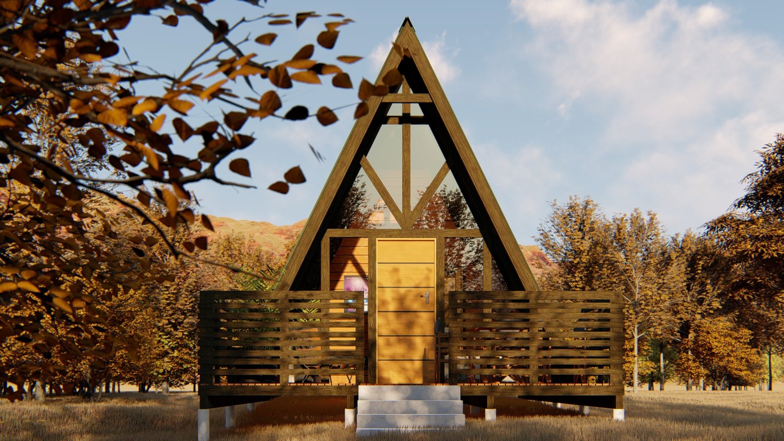 Chalé A-Frame 5 de 37,10m² — Fachada principal em visão adicional Chalé A-Frame 5 de 37,10m² pré-fabricado em madeira pinus autoclave — fachada principal em visão adicional