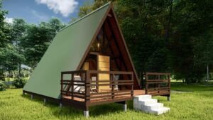 Chalé A-Frame 4 de 61,52m² pré-fabricado em madeira pinus autoclave — fachada principal com lateral direita em destaque