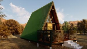 Chalé A-Frame 5 de 37,10m² pré-fabricado em madeira pinus autoclave — fachada principal com lateral direita