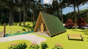 Chalé A-Frame 6 de 61,98m² pré-fabricado em madeira pinus autoclave — fachada principal com lateral esquerda