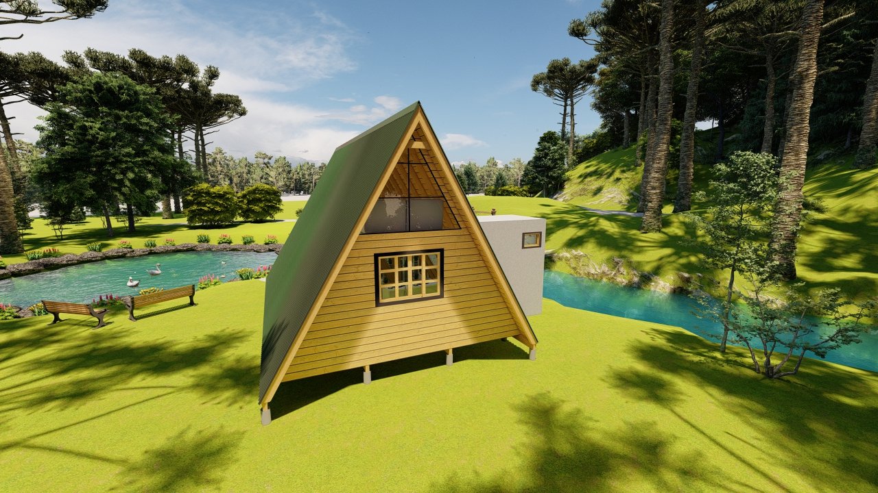 Chalé A-Frame 6 de 61,98m² — Fachada posterior Chalé A-Frame 6 de 61,98m² pré-fabricado em madeira pinus autoclave — fachada posterior