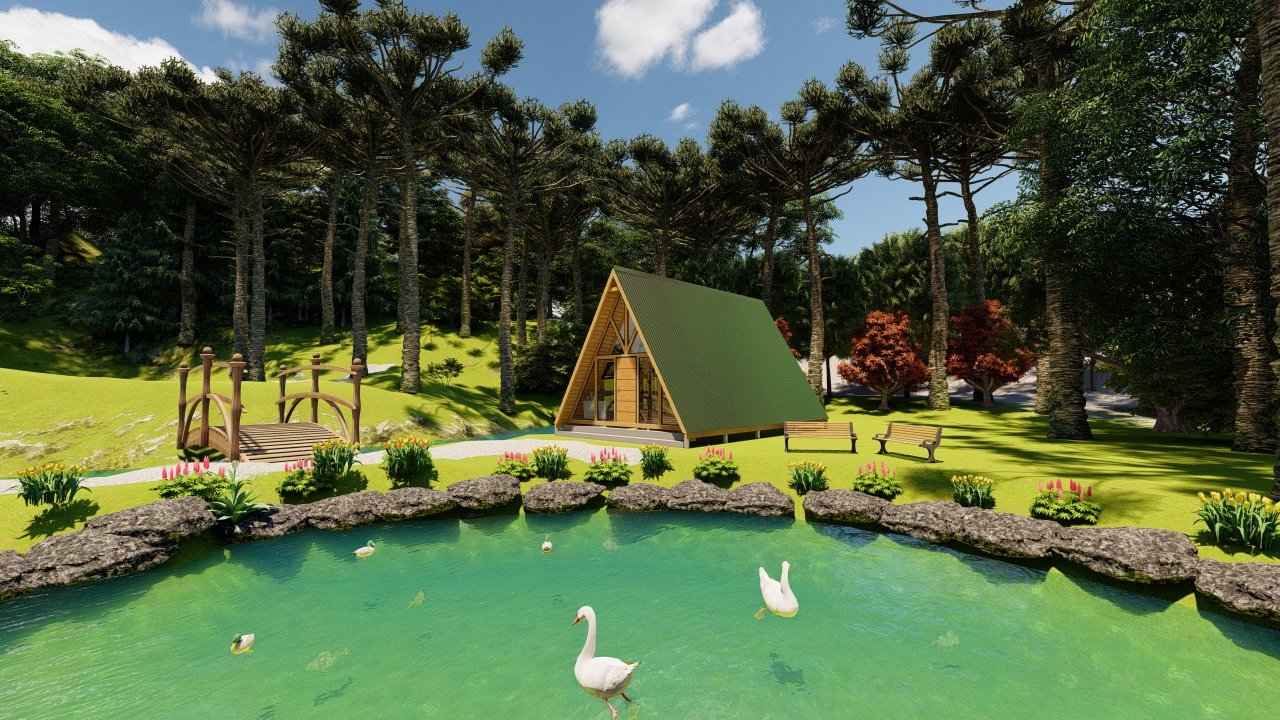 Chalé A-Frame 6 de 61,98m² — Fachada principal com lateral esquerda e paisagismo Chalé A-Frame 6 de 61,98m² pré-fabricado em madeira pinus autoclave — fachada principal com lateral esquerda e paisagismo