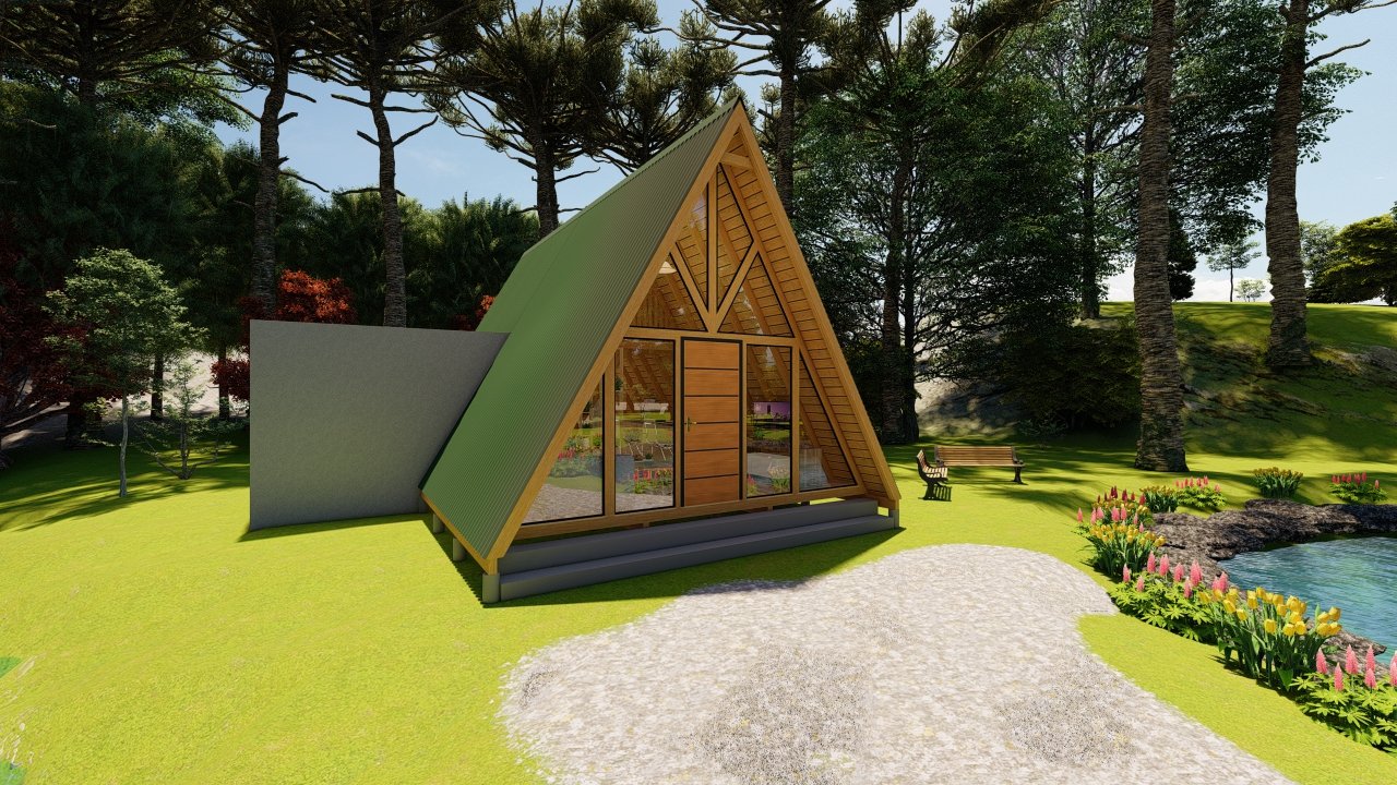 Chalé A-Frame 6 de 61,98m² — Fachada principal Chalé A-Frame 6 de 61,98m² pré-fabricado em madeira pinus autoclave — fachada principal