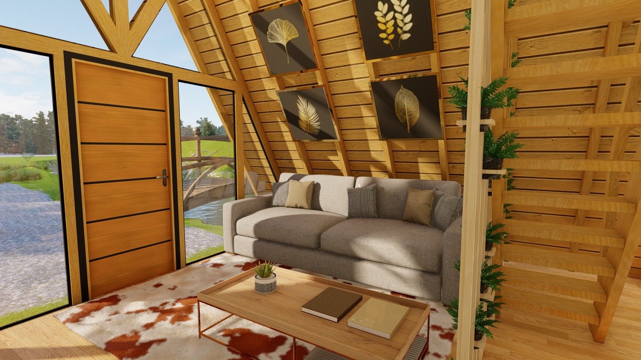 Chalé A-Frame 6 de 61,98m² — Interior com foco na sala Chalé A-Frame 6 de 61,98m² pré-fabricado em madeira pinus autoclave — interior com foco na sala