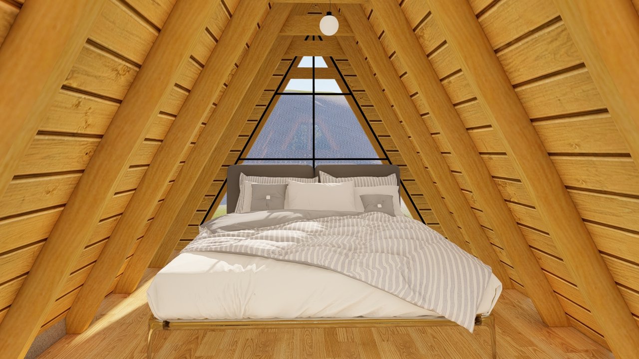 Chalé A-Frame 6 de 61,98m² — Quarto no mezanino com foco na cama Chalé A-Frame 6 de 61,98m² pré-fabricado em madeira pinus autoclave — quarto no mezanino com foco na cama