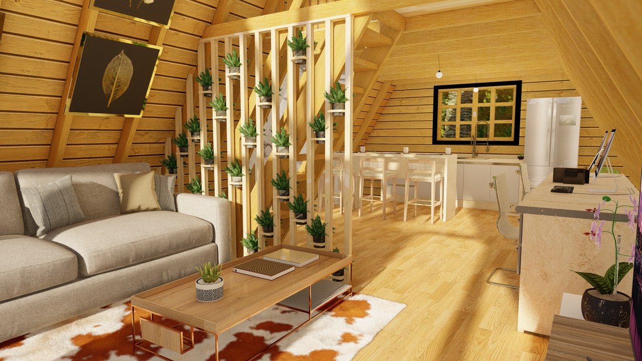 Chalé A-Frame 6 de 61,98m² — Sala com escritório e cozinha em foco Chalé A-Frame 6 de 61,98m² pré-fabricado em madeira pinus autoclave — sala com escritório e cozinha em foco