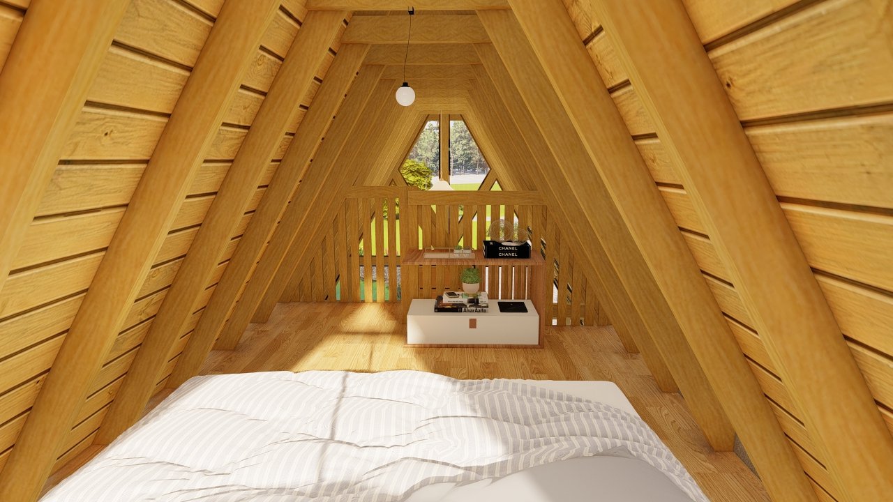 Chalé A-Frame 6 de 61,98m² — Quarto no mezanino em foco Chalé A-Frame 6 de 61,98m² pré-fabricado em madeira pinus autoclave — quarto no mezanino em foco