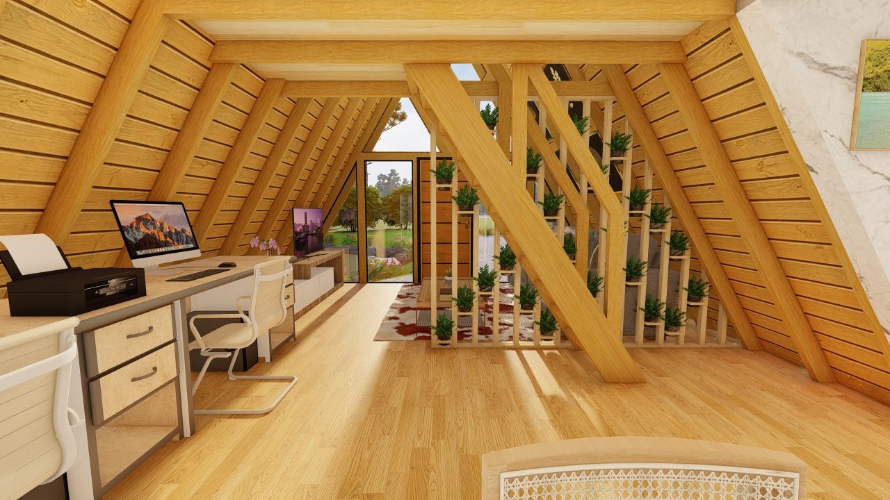 Chalé A-Frame 6 de 61,98m² — Visão ampla do escritório até a sala Chalé A-Frame 6 de 61,98m² pré-fabricado em madeira pinus autoclave — visão ampla do escritório até a sala
