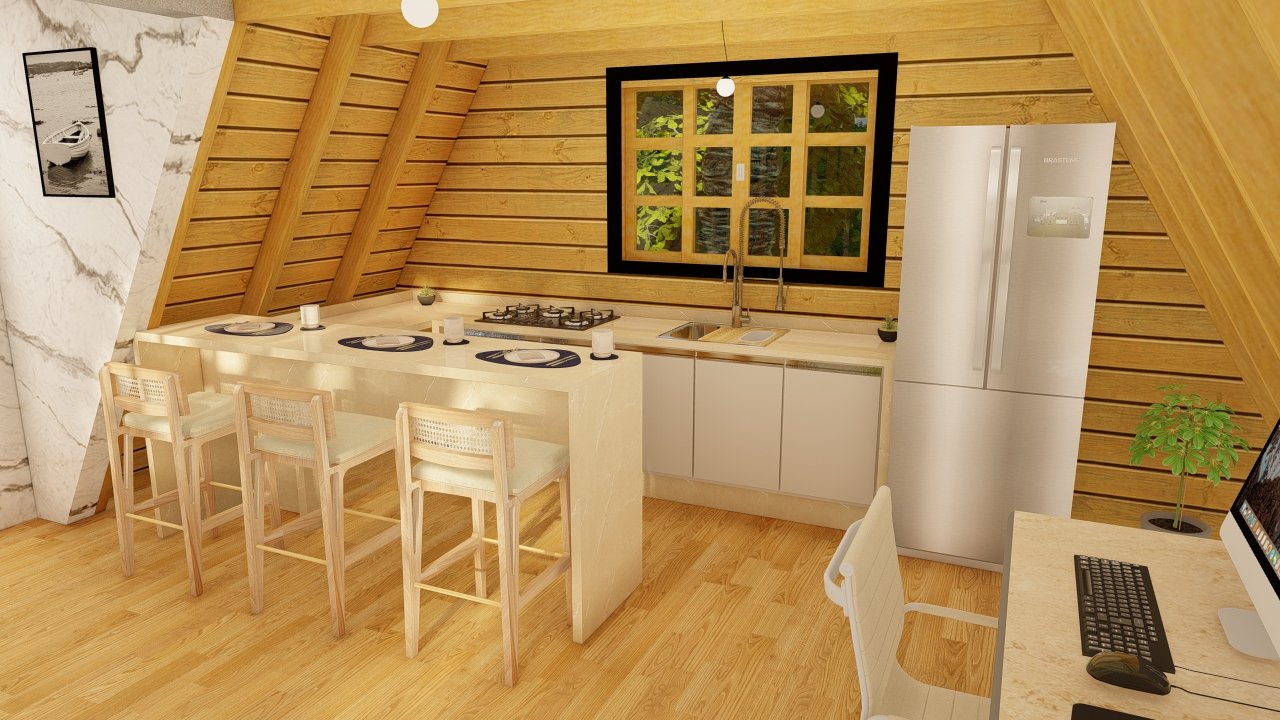 Chalé A-Frame 6 de 61,98m² — Cozinha em foco Chalé A-Frame 6 de 61,98m² pré-fabricado em madeira pinus autoclave — cozinha em foco