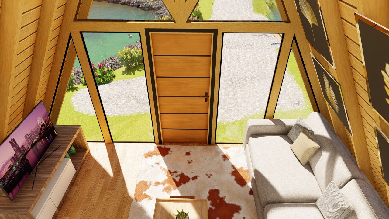 Chalé A-Frame 6 de 61,98m² — Visão do mezanino para a sala Chalé A-Frame 6 de 61,98m² pré-fabricado em madeira pinus autoclave — visão do mezanino para a sala