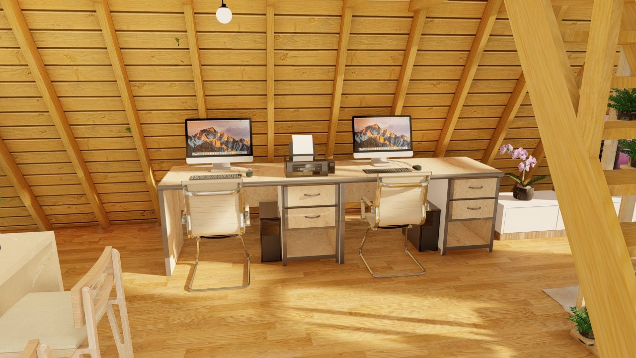 Chalé A-Frame 6 de 61,98m² — Área do escritório em foco Chalé A-Frame 6 de 61,98m² pré-fabricado em madeira pinus autoclave — área do escritório em foco