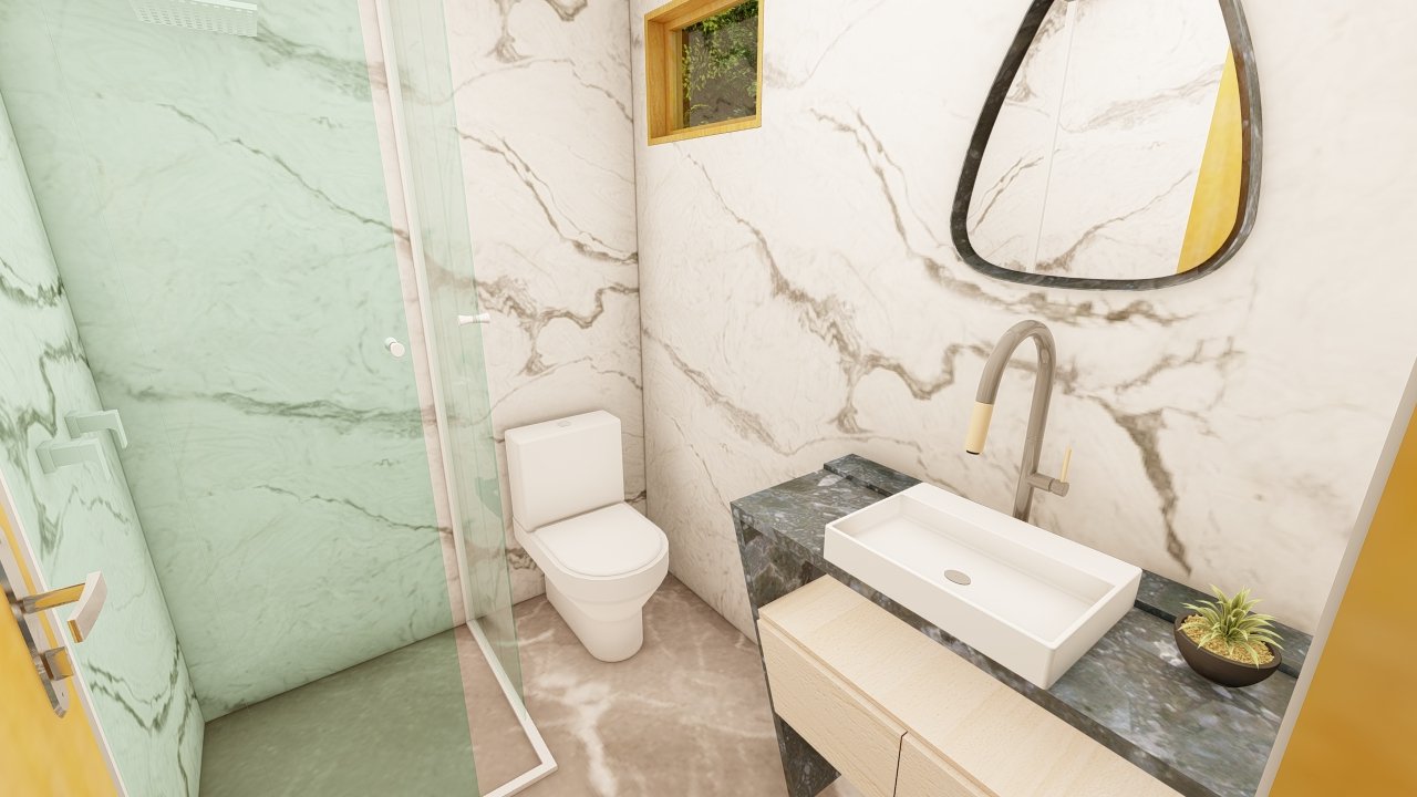 Chalé A-Frame 6 de 61,98m² — Banheiro em foco Chalé A-Frame 6 de 61,98m² pré-fabricado em madeira pinus autoclave — banheiro em foco