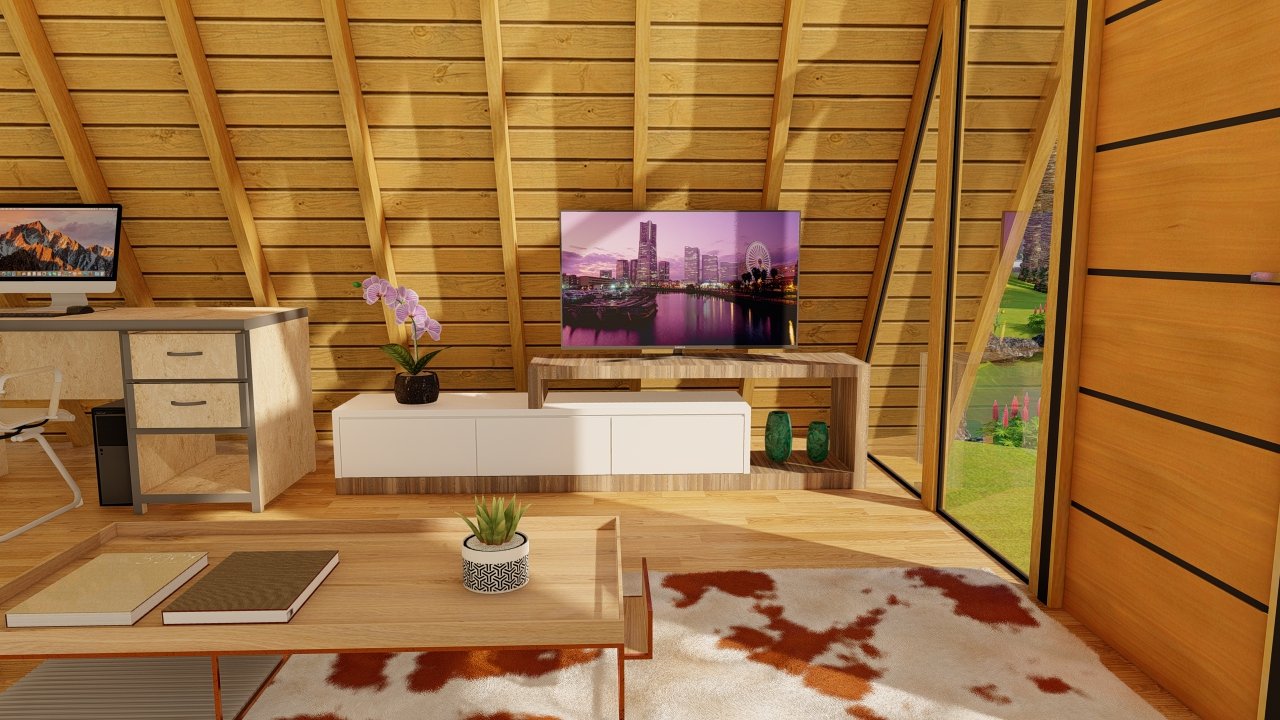Chalé A-Frame 6 de 61,98m² — Interior com sala em outro ângulo Chalé A-Frame 6 de 61,98m² pré-fabricado em madeira pinus autoclave — interior com sala em outro ângulo