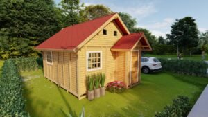 POP 2.12 31,21m² pré-fabricado em madeira pinus autoclave — fachada principal com lateral esquerda e entorno