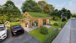 POP 2.10 de 79,45m² pré-fabricado em madeira pinus autoclave — fachada principal em visão distante com lateral direita e lavanderia