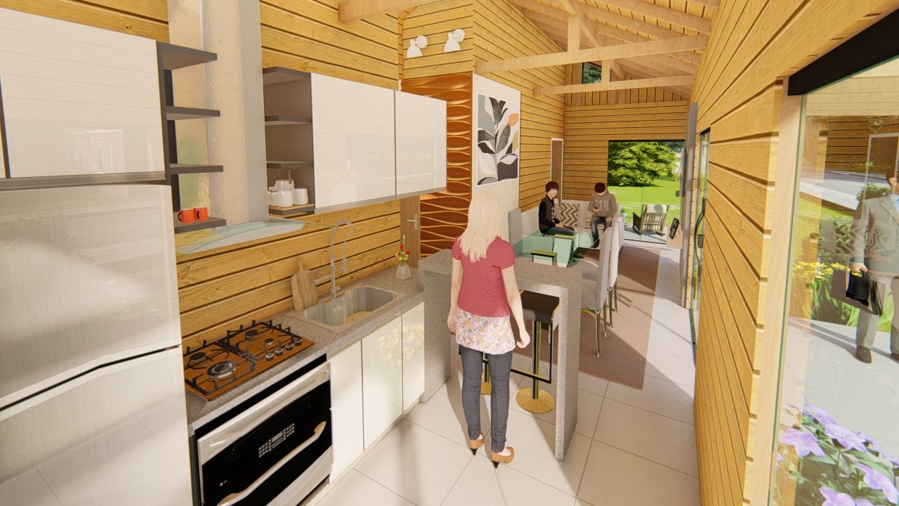 POP 2.10 de 79,45m² — Cozinha em visão superior com corredor POP 2.10 de 79,45m² pré-fabricado em madeira pinus autoclave — cozinha em visão superior com corredor