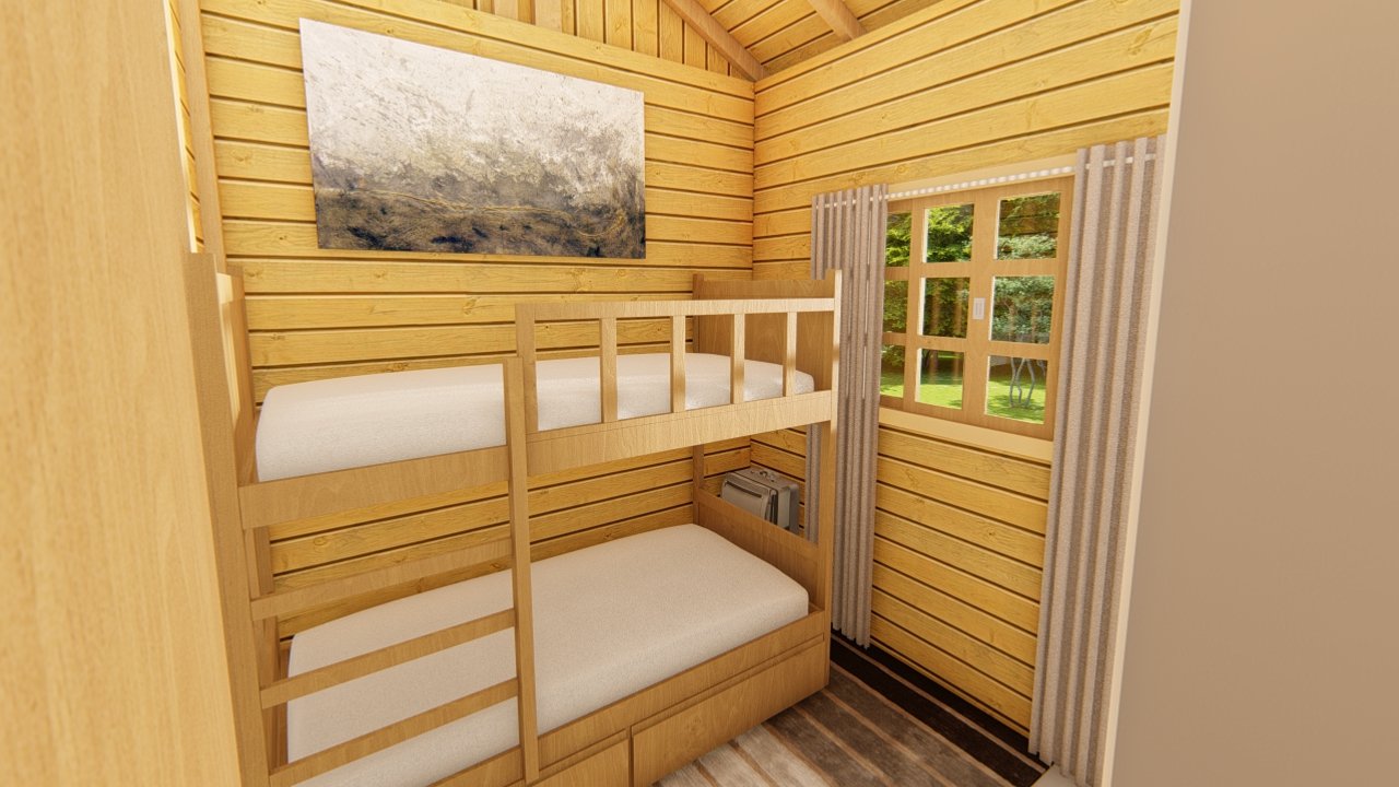 POP 2.10 de 79,45m² — Segundo quarto em visão alternativa POP 2.10 de 79,45m² pré-fabricado em madeira pinus autoclave — segundo quarto em visão alternativa