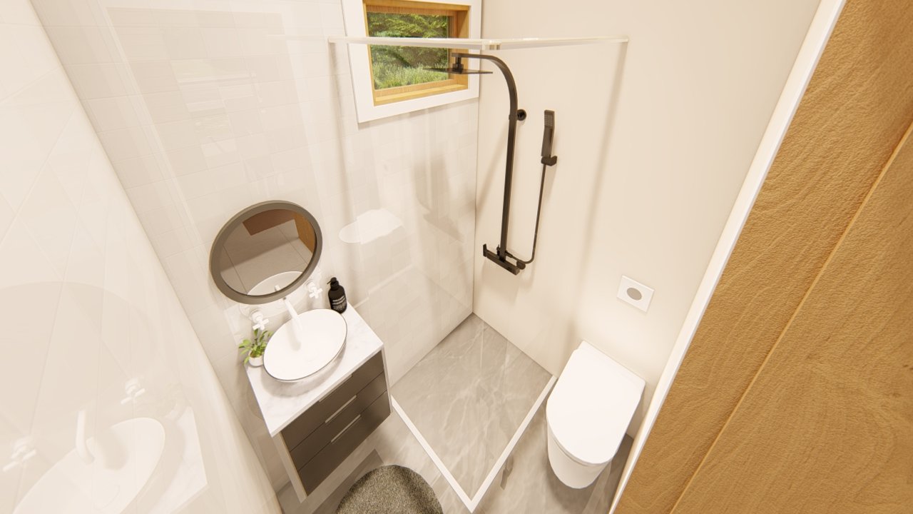 POP 2.10 de 79,45m² — Banheiro social em foco POP 2.10 de 79,45m² pré-fabricado em madeira pinus autoclave — banheiro social em foco