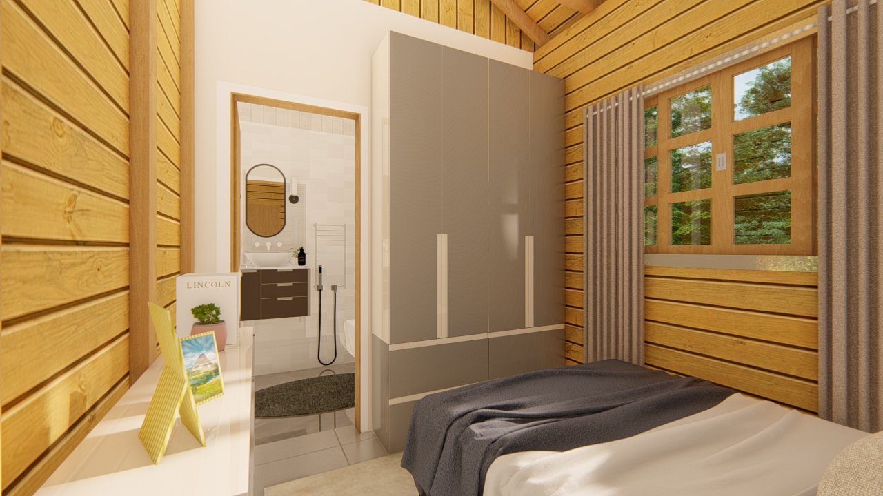 POP 2.10 de 79,45m² — Primeiro quarto em outro ângulo POP 2.10 de 79,45m² pré-fabricado em madeira pinus autoclave — primeiro quarto em outro ângulo