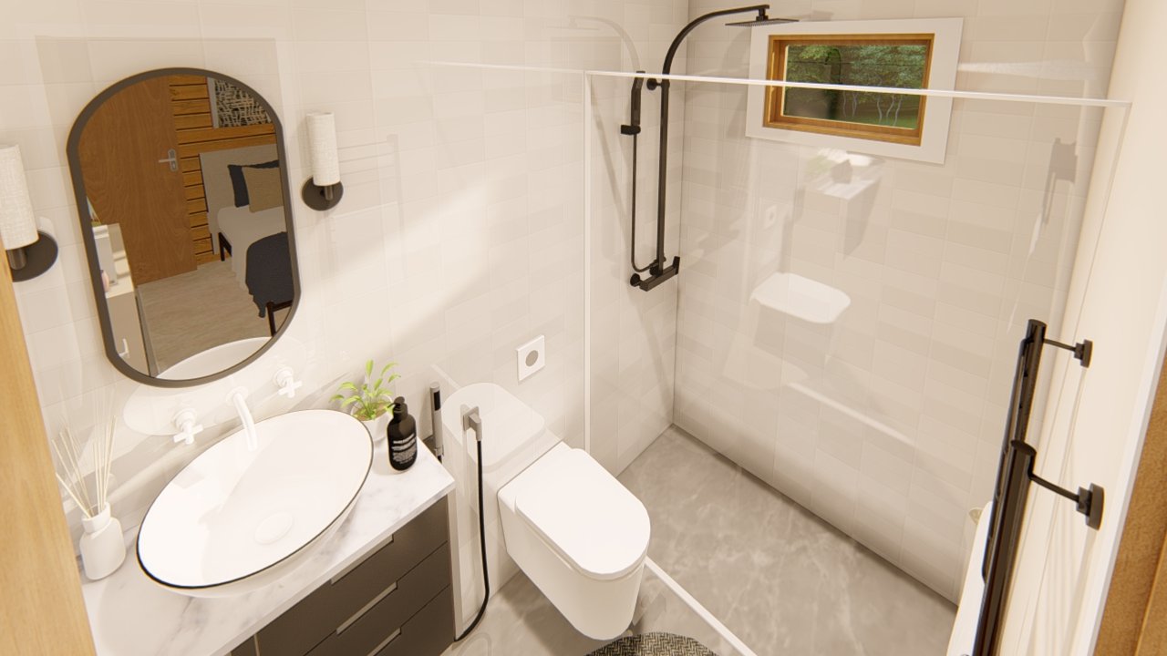 POP 2.10 de 79,45m² — Banheiro da suíte em foco POP 2.10 de 79,45m² pré-fabricado em madeira pinus autoclave — banheiro da suíte em foco