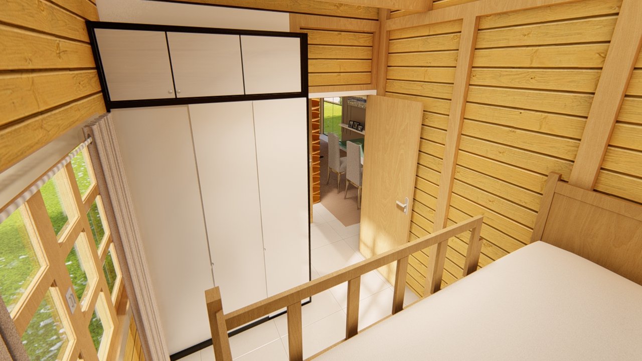POP 2.10 de 79,45m² — Segundo quarto em foco POP 2.10 de 79,45m² pré-fabricado em madeira pinus autoclave — segundo quarto em foco