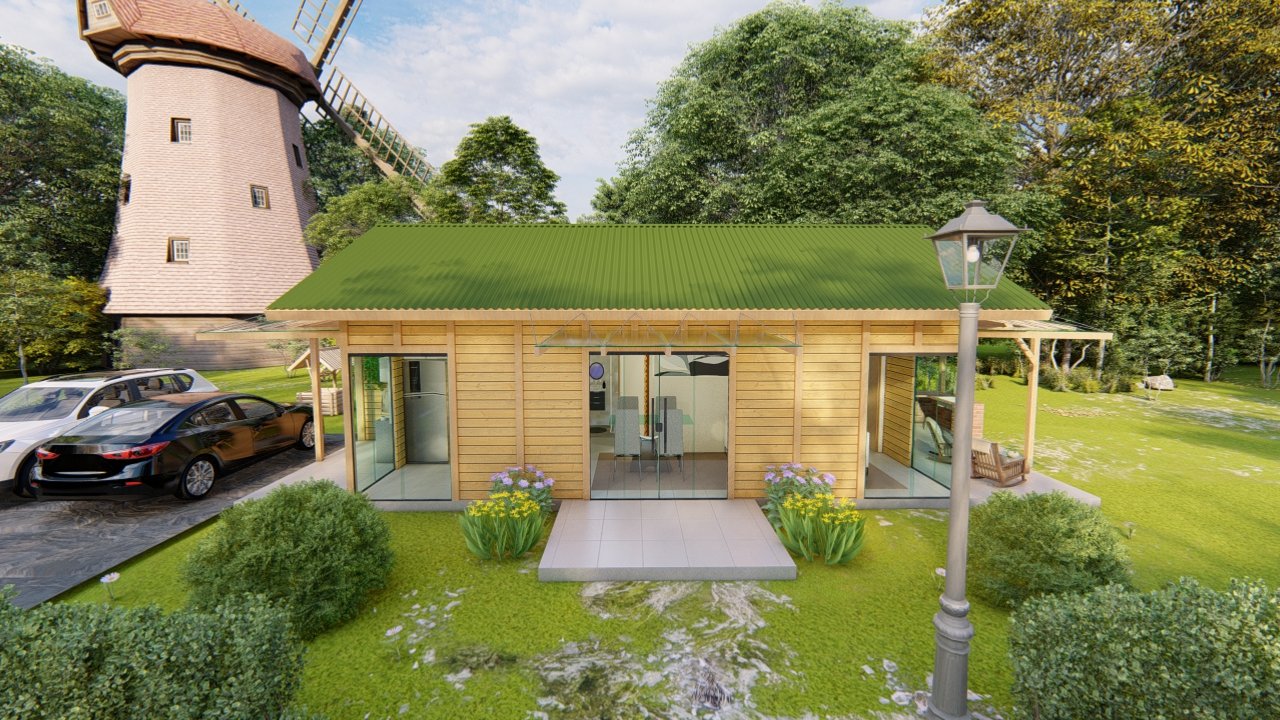 POP 2.10 de 79,45m² — Fachada principal POP 2.10 de 79,45m² pré-fabricado em madeira pinus autoclave — fachada principal