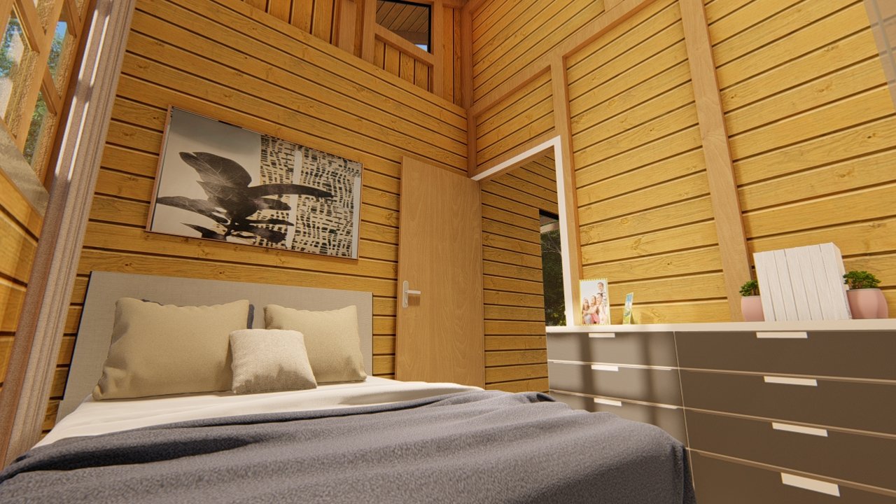 POP 2.10 de 79,45m² — Quarto em visão de baixo para cima POP 2.10 de 79,45m² pré-fabricado em madeira pinus autoclave — quarto em visão de baixo para cima