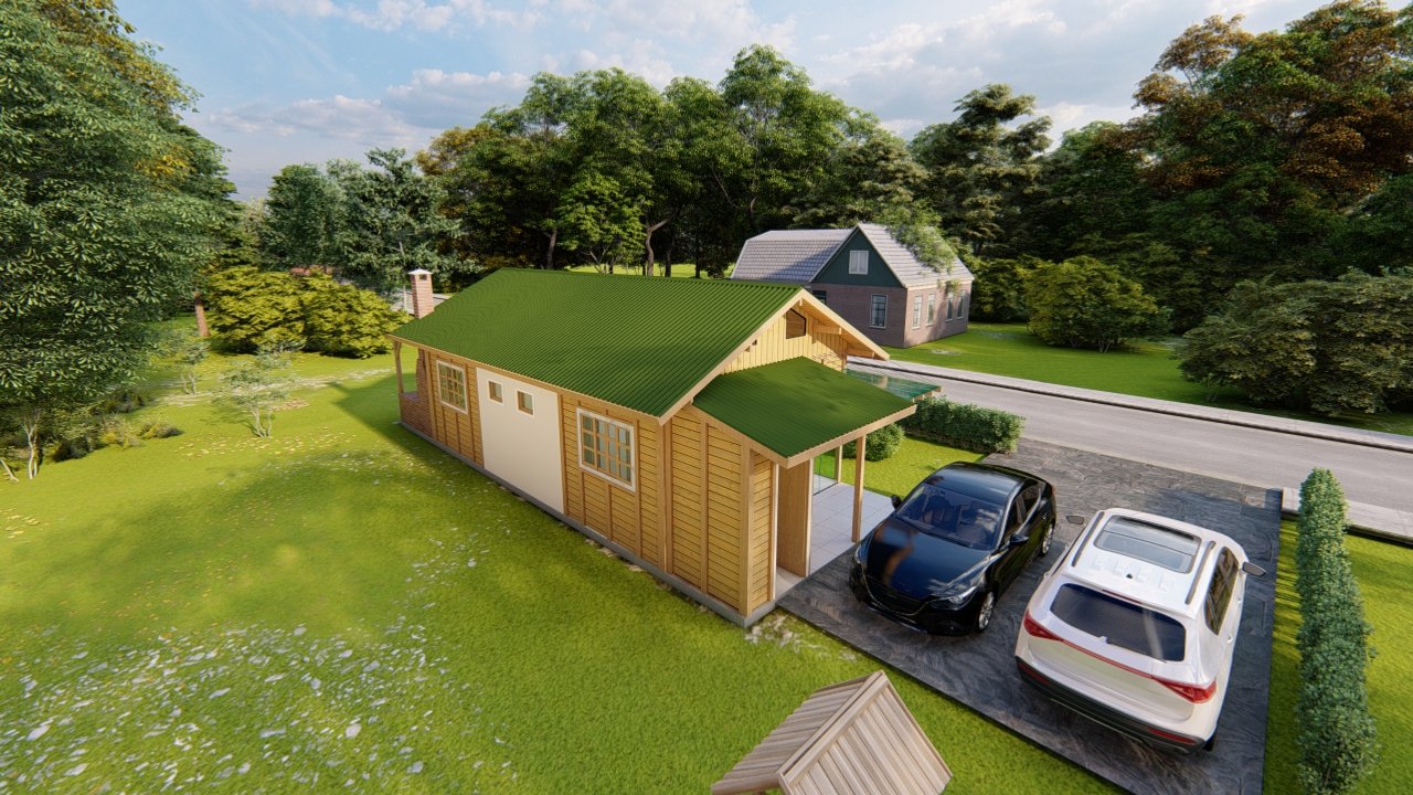 POP 2.10 de 79,45m² — Fachada posterior em visão superior POP 2.10 de 79,45m² pré-fabricado em madeira pinus autoclave — fachada posterior em visão superior