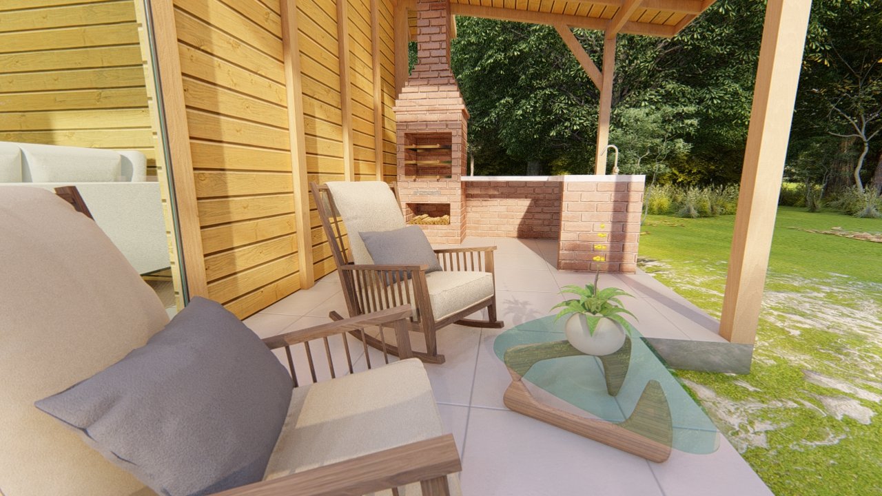 POP 2.10 de 79,45m² — Área gourmet na varanda POP 2.10 de 79,45m² pré-fabricado em madeira pinus autoclave — área gourmet na varanda