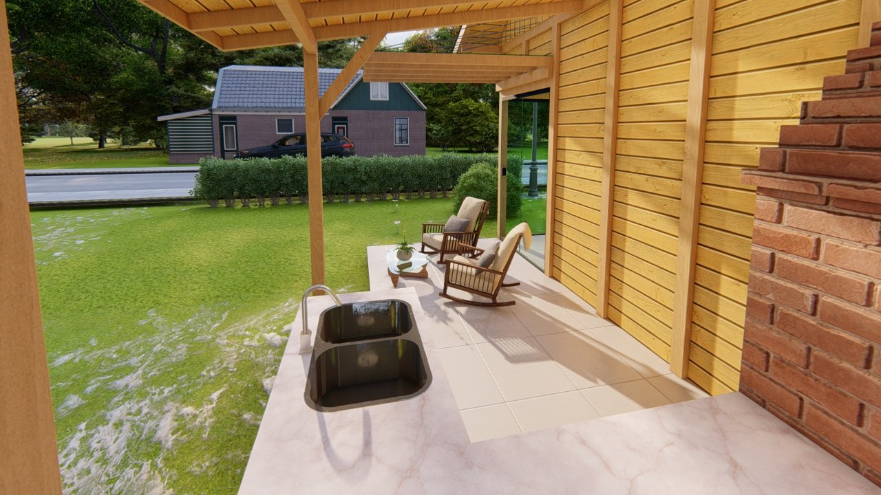 POP 2.10 de 79,45m² — Área gourmet na varanda em outro ângulo POP 2.10 de 79,45m² pré-fabricado em madeira pinus autoclave — área gourmet na varanda em outro ângulo