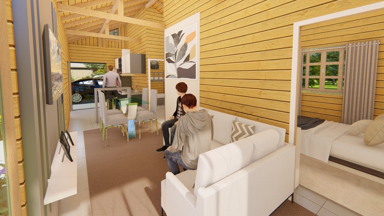 POP 2.10 de 79,45m² — Interior com sala e mesa de jantar POP 2.10 de 79,45m² pré-fabricado em madeira pinus autoclave — interior com sala e mesa de jantar