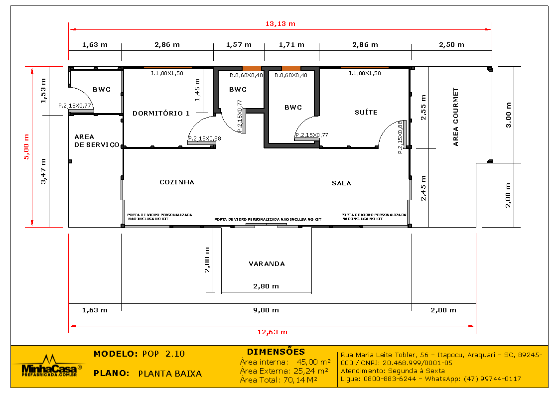 POP 2.10 de 79,45m² — Planta baixa POP 2.10 de 79,45m² pré-fabricado em madeira pinus autoclave — planta baixa