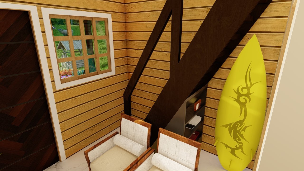 Pousada POP 1.14 38,97m² — Hall de entrada com escada para o mezanino Pousada POP 1.14 38,97m² pré-fabricada em madeira pinus autoclave — hall de entrada com escada para o mezanino