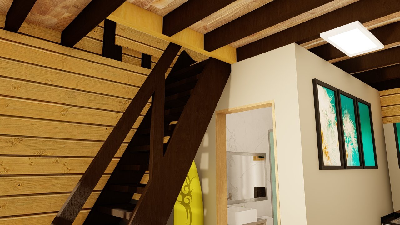 Pousada POP 1.14 38,97m² — Interior com foco no teto e escada para o mezanino Pousada POP 1.14 38,97m² pré-fabricada em madeira pinus autoclave — interior com foco no teto e escada para o mezanino