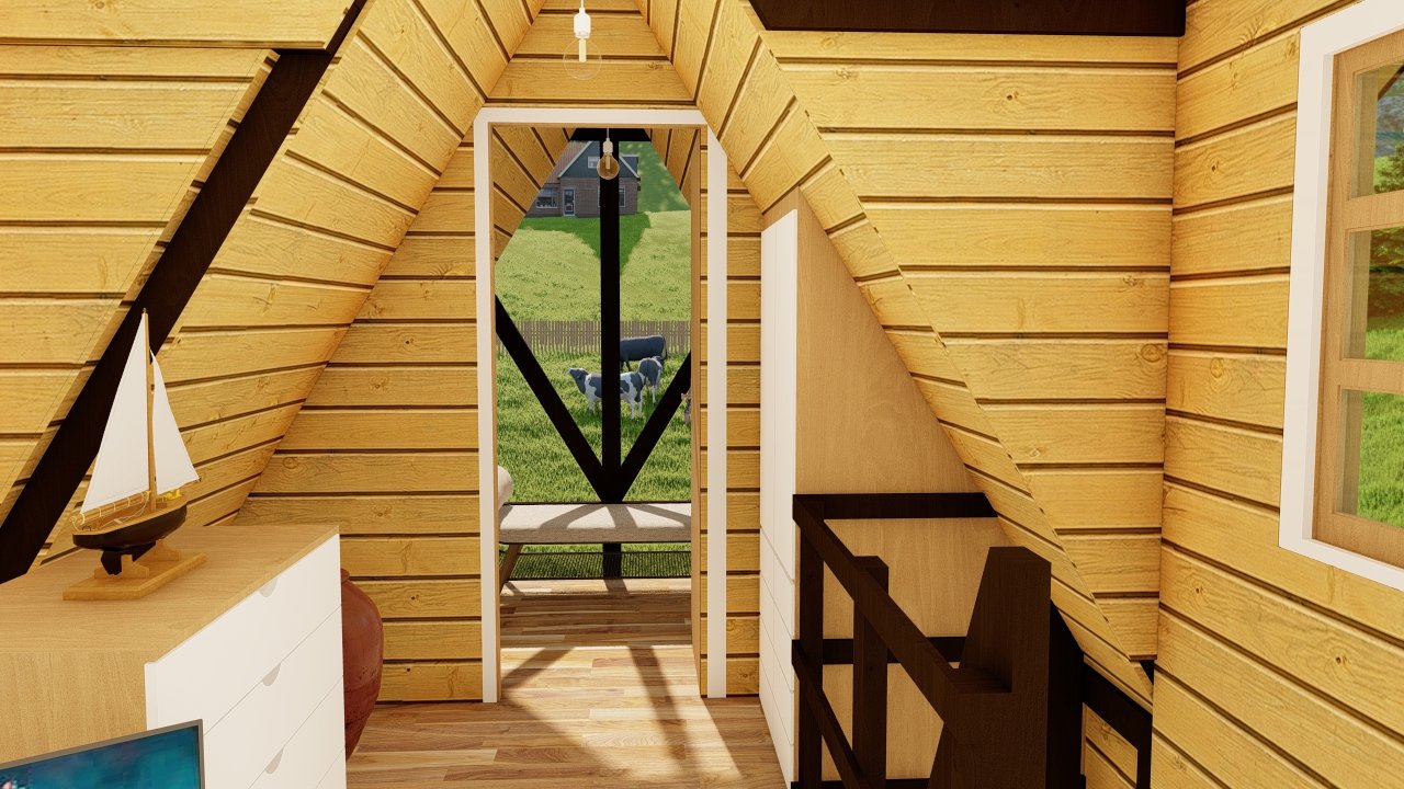 Pousada POP 1.14 38,97m² — Varanda no mezanino Pousada POP 1.14 38,97m² pré-fabricada em madeira pinus autoclave — varanda no mezanino