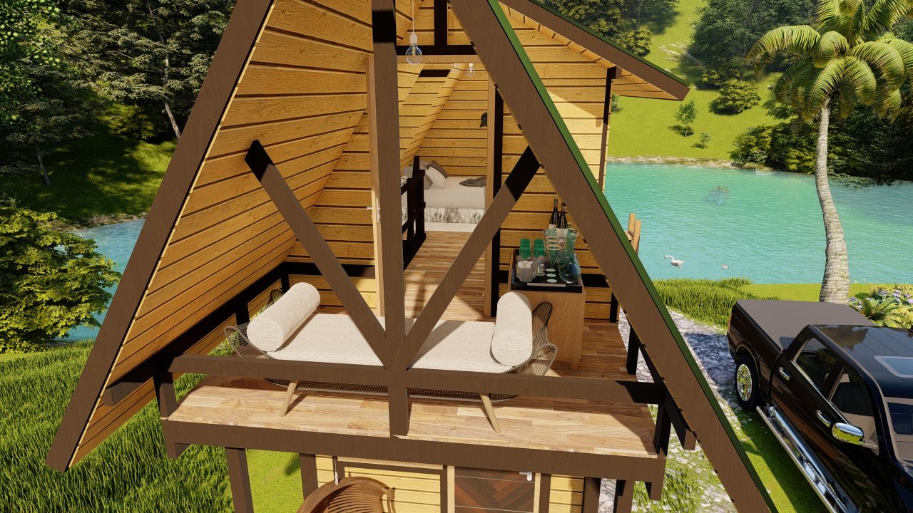 Pousada POP 1.14 38,97m² — Varanda vista de fora em ângulo superior Pousada POP 1.14 38,97m² pré-fabricada em madeira pinus autoclave — varanda vista de fora em ângulo superior