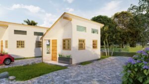 Fachada principal da Tiny House 18 m² em pinus autoclave (3D)