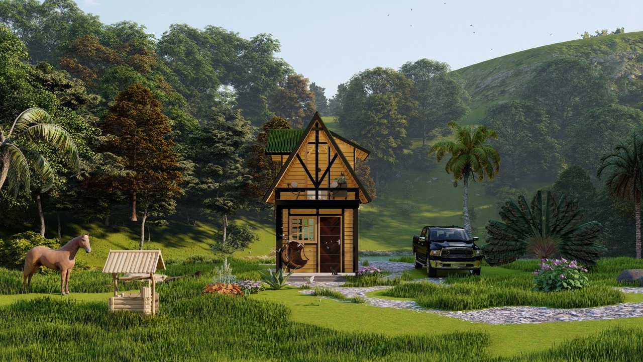 Pousada POP 1.14 38,97m² — Fachada principal em visão ampla e distante com entorno Pousada POP 1.14 38,97m² pré-fabricada em madeira pinus autoclave — fachada principal em visão ampla e distante com entorno