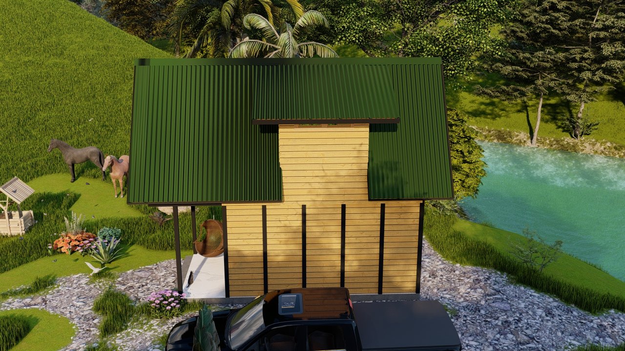 Pousada POP 1.14 38,97m² — Fachada lateral direita Pousada POP 1.14 38,97m² pré-fabricada em madeira pinus autoclave — fachada lateral direita