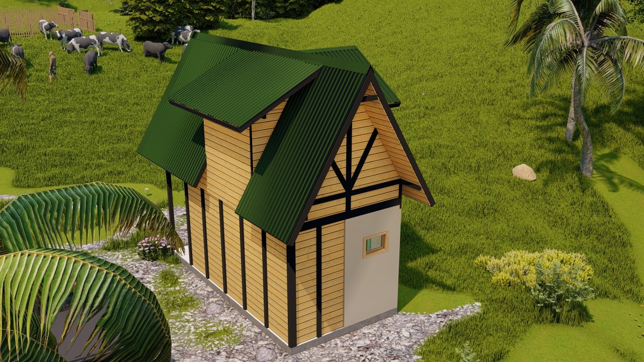 Pousada POP 1.14 38,97m² — Fachada posterior com lateral direita Pousada POP 1.14 38,97m² pré-fabricada em madeira pinus autoclave — fachada posterior com lateral direita