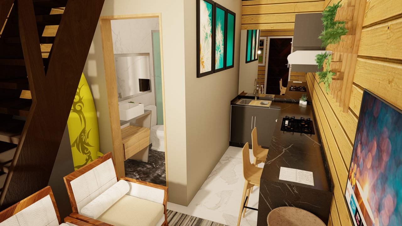 Pousada POP 1.14 38,97m² — Interior mostrando salas conjugadas, cozinha e porta do banheiro Pousada POP 1.14 38,97m² pré-fabricada em madeira pinus autoclave — interior mostrando salas conjugadas, cozinha e porta do banheiro