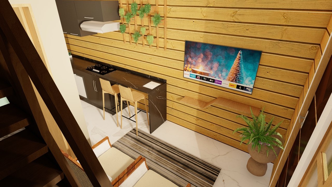 Pousada POP 1.14 38,97m² — Sala principal em foco Pousada POP 1.14 38,97m² pré-fabricada em madeira pinus autoclave — sala principal em foco