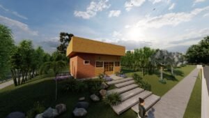 Sala Comercial de 52,05m² pré-fabricada em madeira pinus autoclave — fachada principal em visão distante com lateral direita