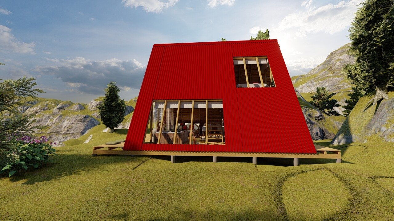 Chalé A-Frame 9 de 71,70m² pré-fabricado em madeira pinus autoclave — fachada lateral esquerda