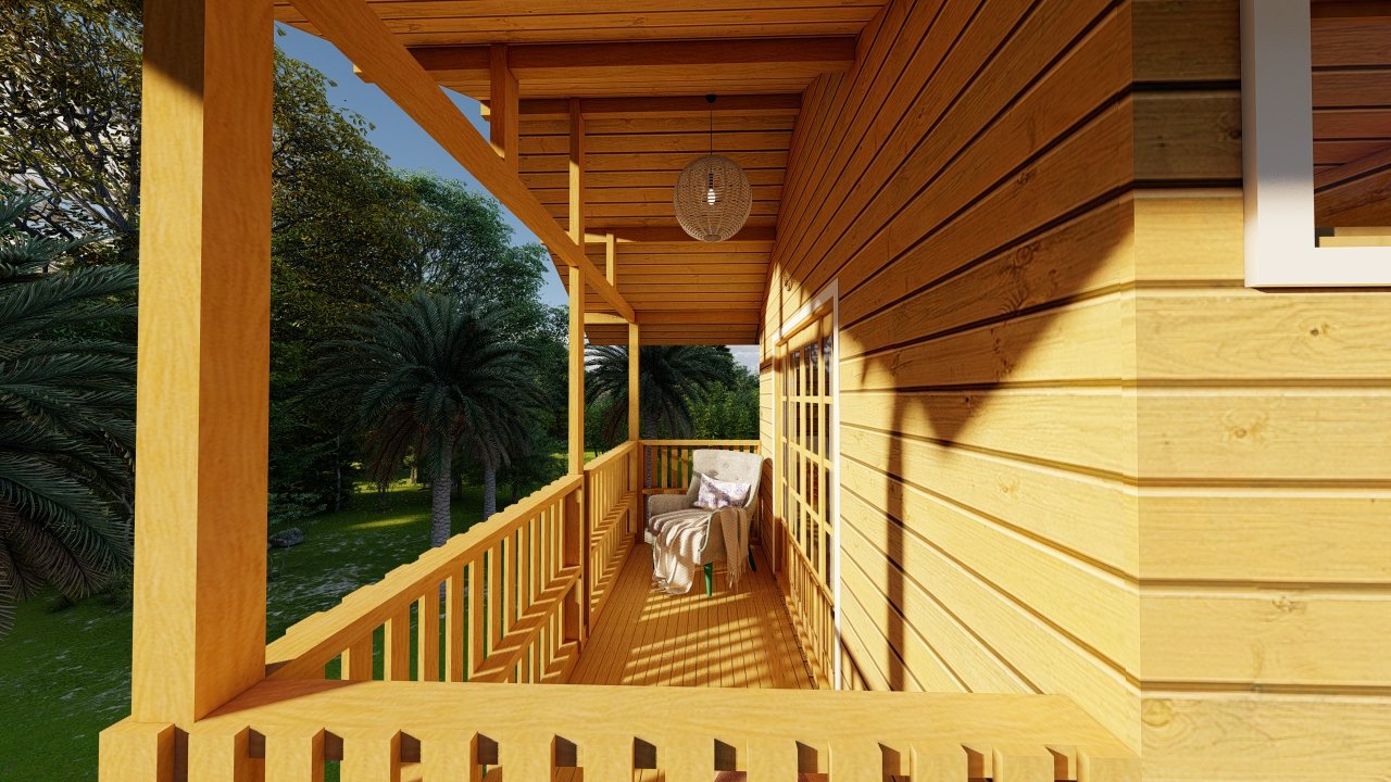 POP 3.5 de 87,10m² — quarto e varanda (ângulo amplo) Quarto no piso superior com abertura para a varanda no POP 3.5 de oitenta e sete vírgula dez metros quadrados