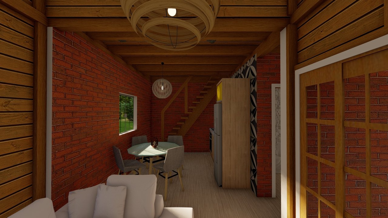 Interior POP 3.5 – sala e jantar Sala, mesa de jantar e escada POP 3.5 de 87,10m²