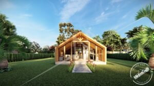 Chalé Escandinavo 1.0 de 32,50m² pré-fabricado em madeira pinus autoclave — fachada principal em visão mais distante