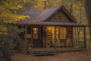 encantadora cabana de madeira na floresta