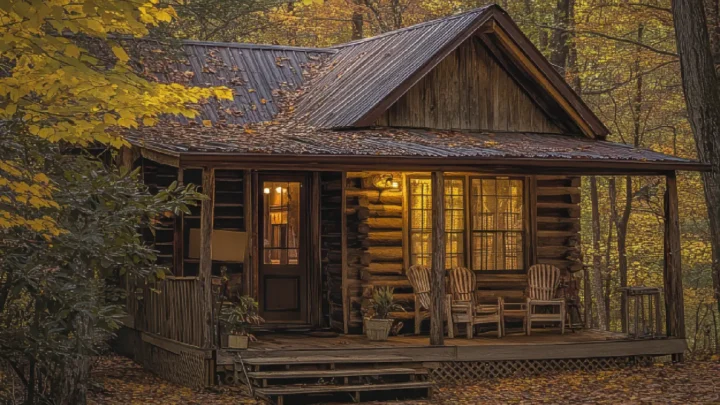 encantadora cabana de madeira na floresta